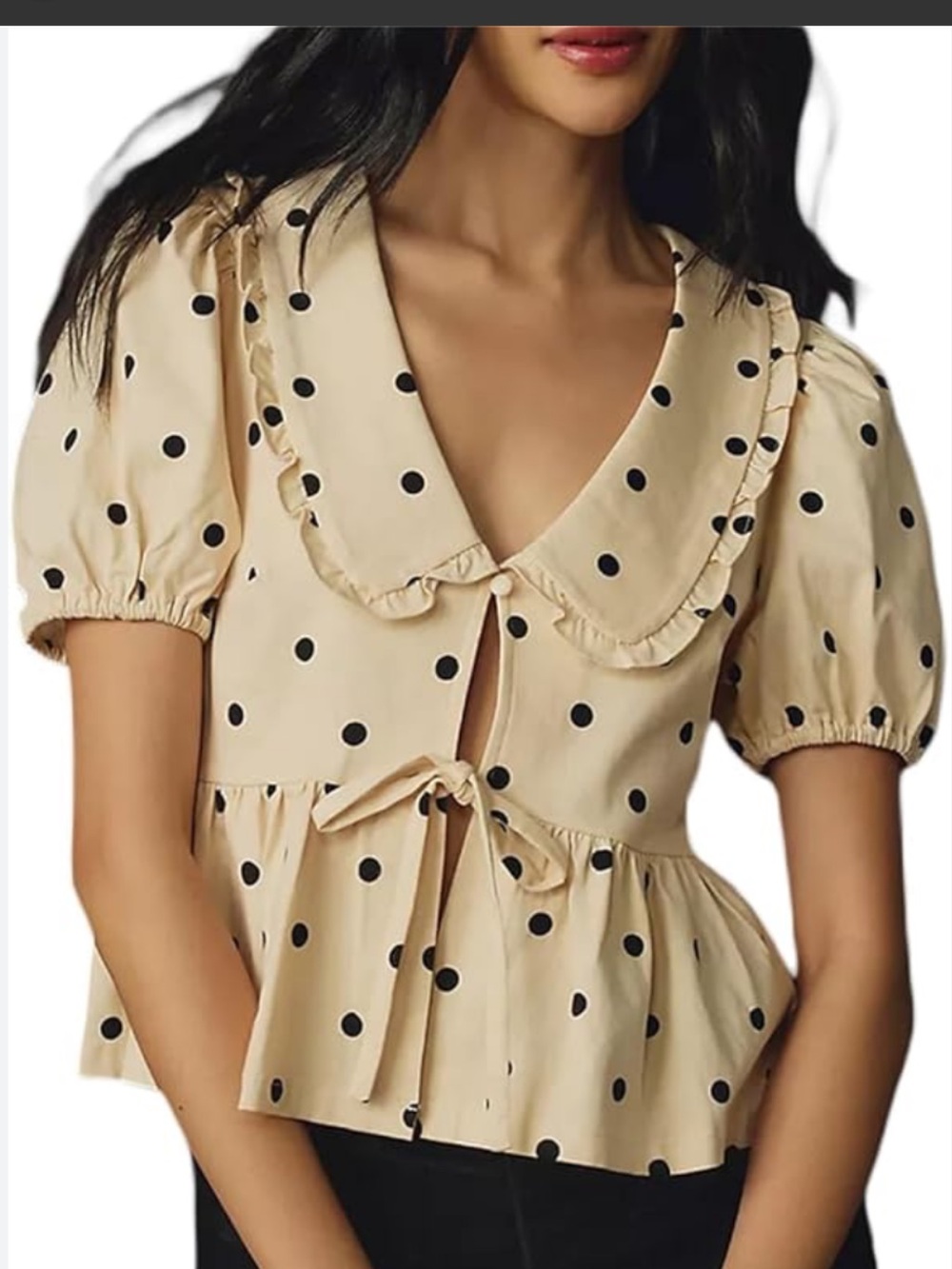 Coquette Short Sleeve Gwen Top, Beige Polka Dot Ruffle Tie-Front Peplum Blouse